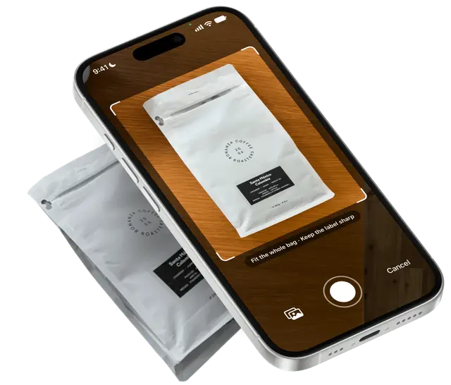 An iPhone scanning a coffee bag to add it to a kissaten collection