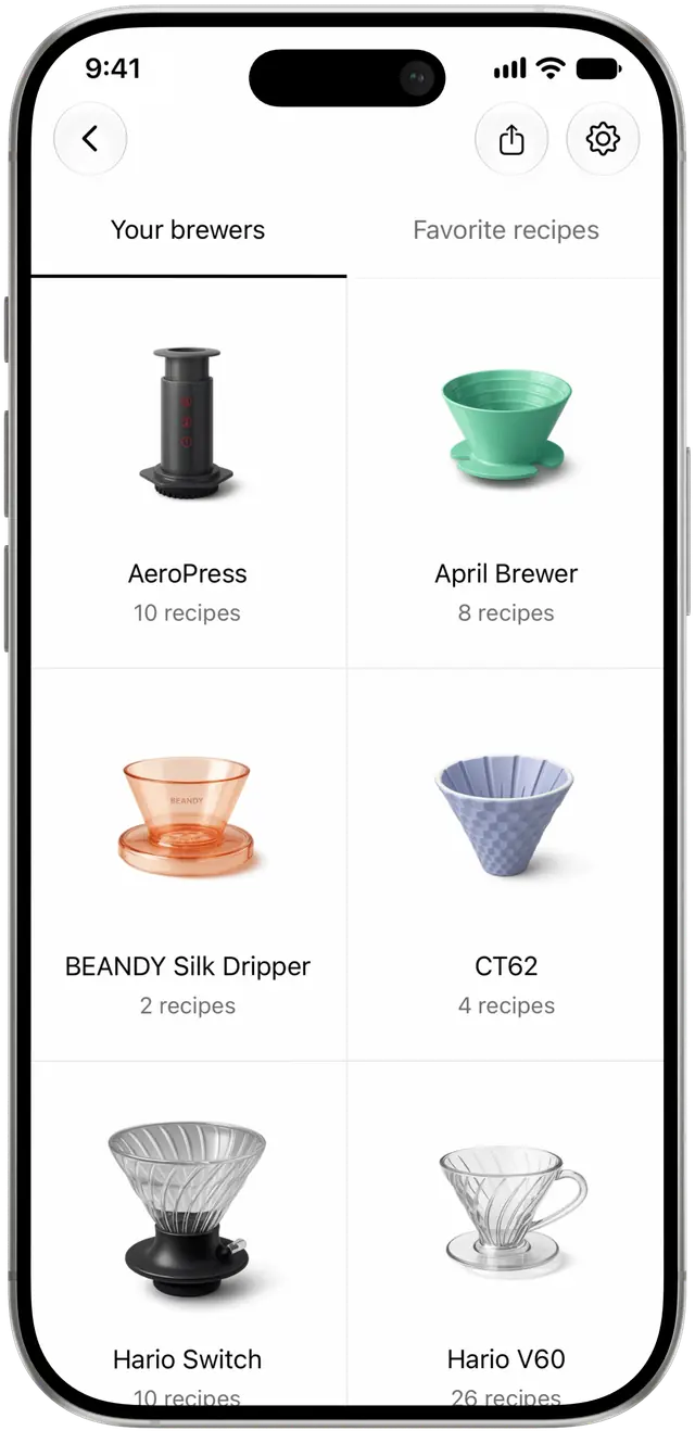 An iPhone showing favourite brewers and their recipes in kissaten