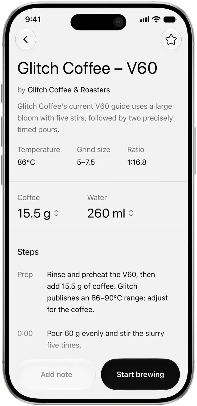 An iPhone showing the Glitch Coffee V60 recipe and brewing steps in kissaten