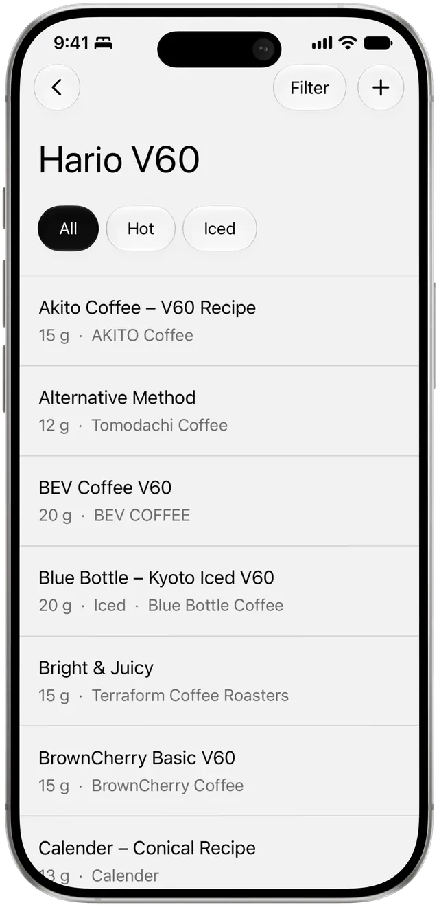 An iPhone showing built-in Hario V60 recipes from baristas and roasters in kissaten