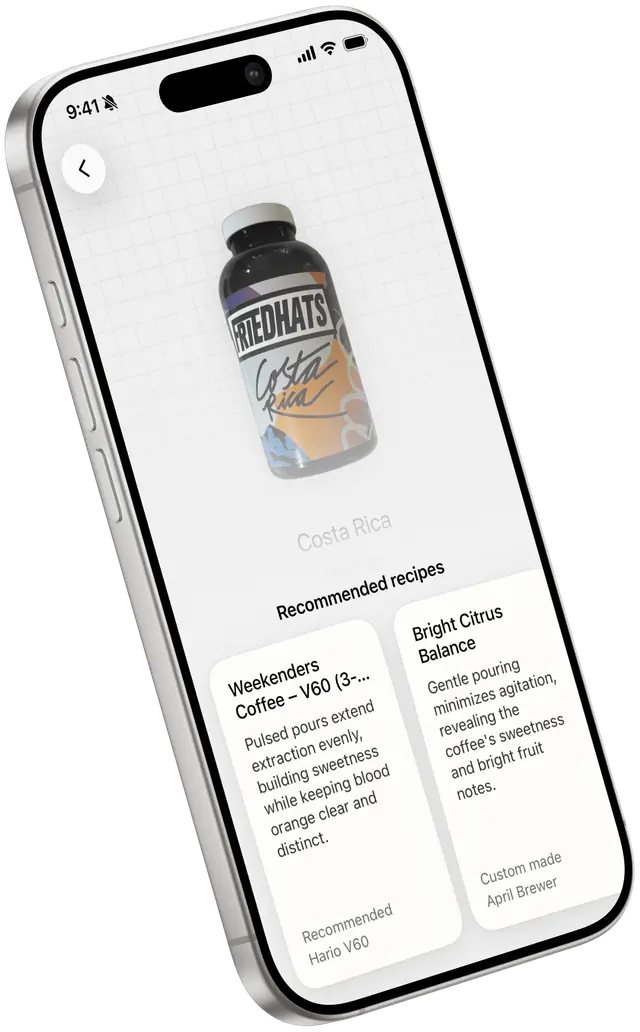 An iPhone showing recommended brewing recipes for a scanned coffee bag in kissaten